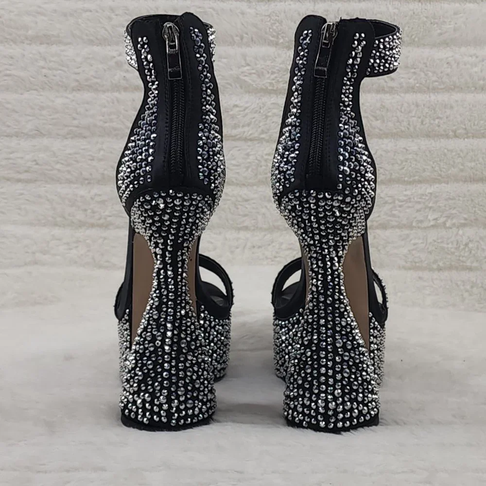 Black Satin & Silver Rhinestone Platform cylinder Heels YAR - Picture 6 of 9